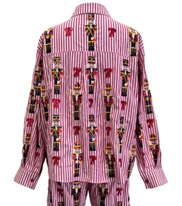 QOS Queen of Sparkles Red Stripe Scattered Nutcracker & Bow Button Up