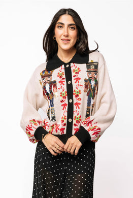 QOS Queen of Sparkles Black Trim Collar Nutcracker & Candy Cane Cardigan