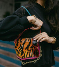 Load image into Gallery viewer, QOS Queen of Sparkles Tiger functioning purse on shoulder