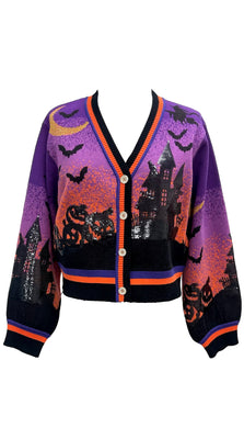 QOS Queen of Purple Halloween Scene Cardigan