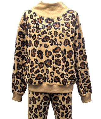 QOS Queen of Sparkles Tan, Brown & Black Leopard Mock Neck Sweatshirt