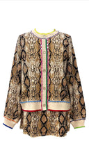Load image into Gallery viewer, QOS Queen of Sparkles Snake Print Rainbow Trim Button Up Sweater