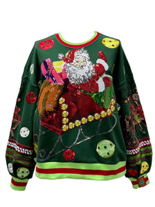 QOS Queen of Sparkles Dark Green Vintage Jingle Bell Santa Sweatshirt