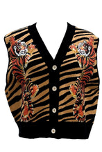 Load image into Gallery viewer, QOS Queen of Sparkles Black &amp; Tan Climbing Tiger on Tiger Print Knit Button Up Vest