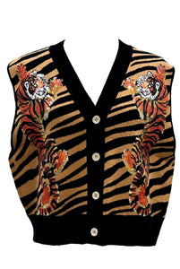 QOS Queen of Sparkles Black & Tan Climbing Tiger on Tiger Print Knit Button Up Vest