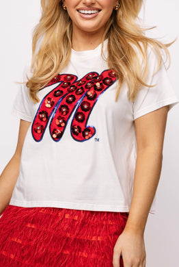 QOS Queen of Sparkles Ole Miss Mascot Sequin Flower Tee