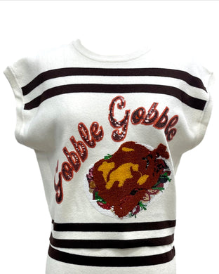 QOS Queen of Sparkles White & Brown Stripe ‘Gobble’ Short Sleeve Top