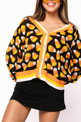 QOS Queen of Sparkles Black Pearl Candy Corn Cardigan
