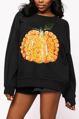 QOS Queen of Sparkles Black & Orange Flower Sequin Pumpkin Shirt