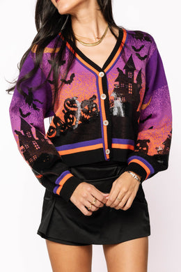 QOS Queen of Purple Halloween Scene Cardigan