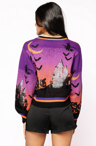 QOS Queen of Purple Halloween Scene Cardigan