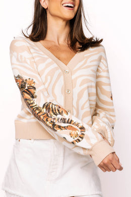 QOS Queen of Sparkles Ivory Tiger on Tiger Cardigan