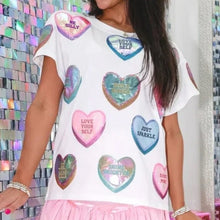 Load image into Gallery viewer, QOS Queen of Sparkles White Positive Candy Hearts Tee