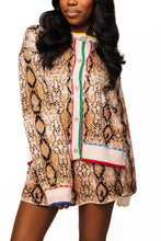 Load image into Gallery viewer, QOS Queen of Sparkles Snake Print Rainbow Trim Button Up Sweater