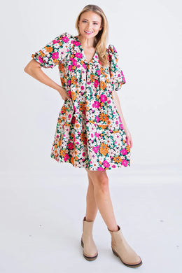 Karlie Multi Floral Puff Sleeve Poplin Button Dress