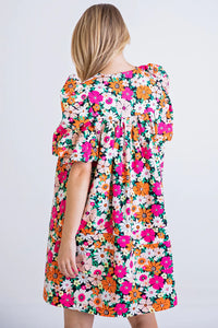 Karlie Multi Floral Puff Sleeve Poplin Button Dress