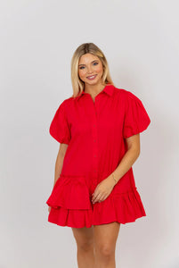 Karlie Solid Poplin Ruffle Bottom Shirt Dress