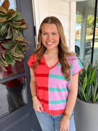 Mary Square Hannah Coral & Lilac Stripe