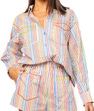 Load image into Gallery viewer, QOS Queen of Sparkles Rainbow Striped Button Up Pocket Cotton Top