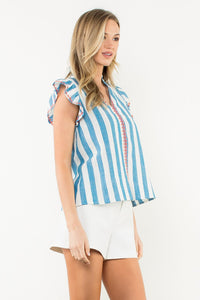 THML Flutter Sleeve Striped V-Neck Top