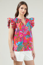 Load image into Gallery viewer, Sugarlips - Cactus Blossom Risette Ruffle Cap Sleeve Split Neck Top