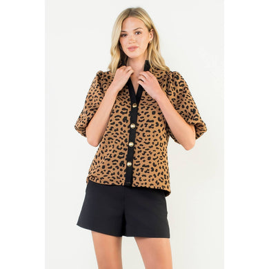 THML - Puff Sleeve Contrast Trim Cheetah Print Top
