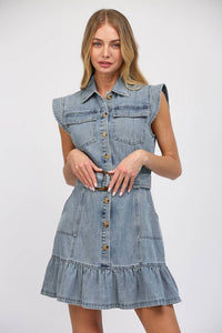 FATE Button Front Washed Denim Dress