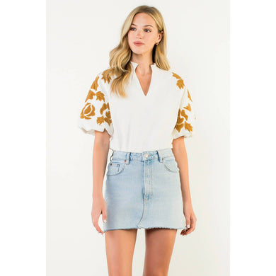 THML - Embroidered Chenille Floral Puff Sleeve Top