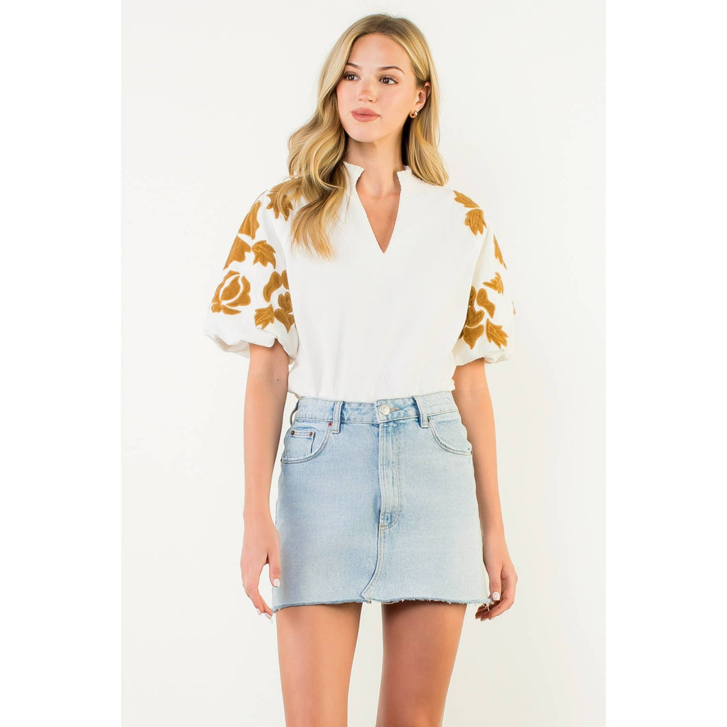THML - Embroidered Chenille Floral Puff Sleeve Top