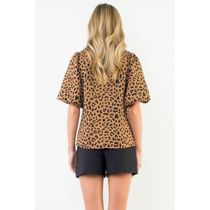 THML - Puff Sleeve Contrast Trim Cheetah Print Top