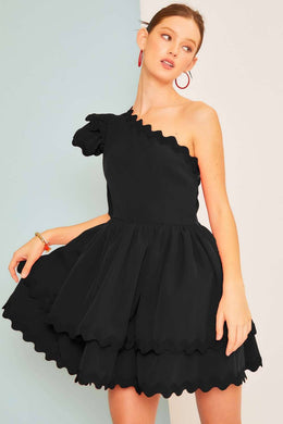 Main Strip - One Shoulder Scallop Edge Trim Solid Dress