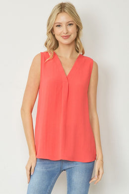 Entro- V-Neck Sleeveless Blouse- Coral
