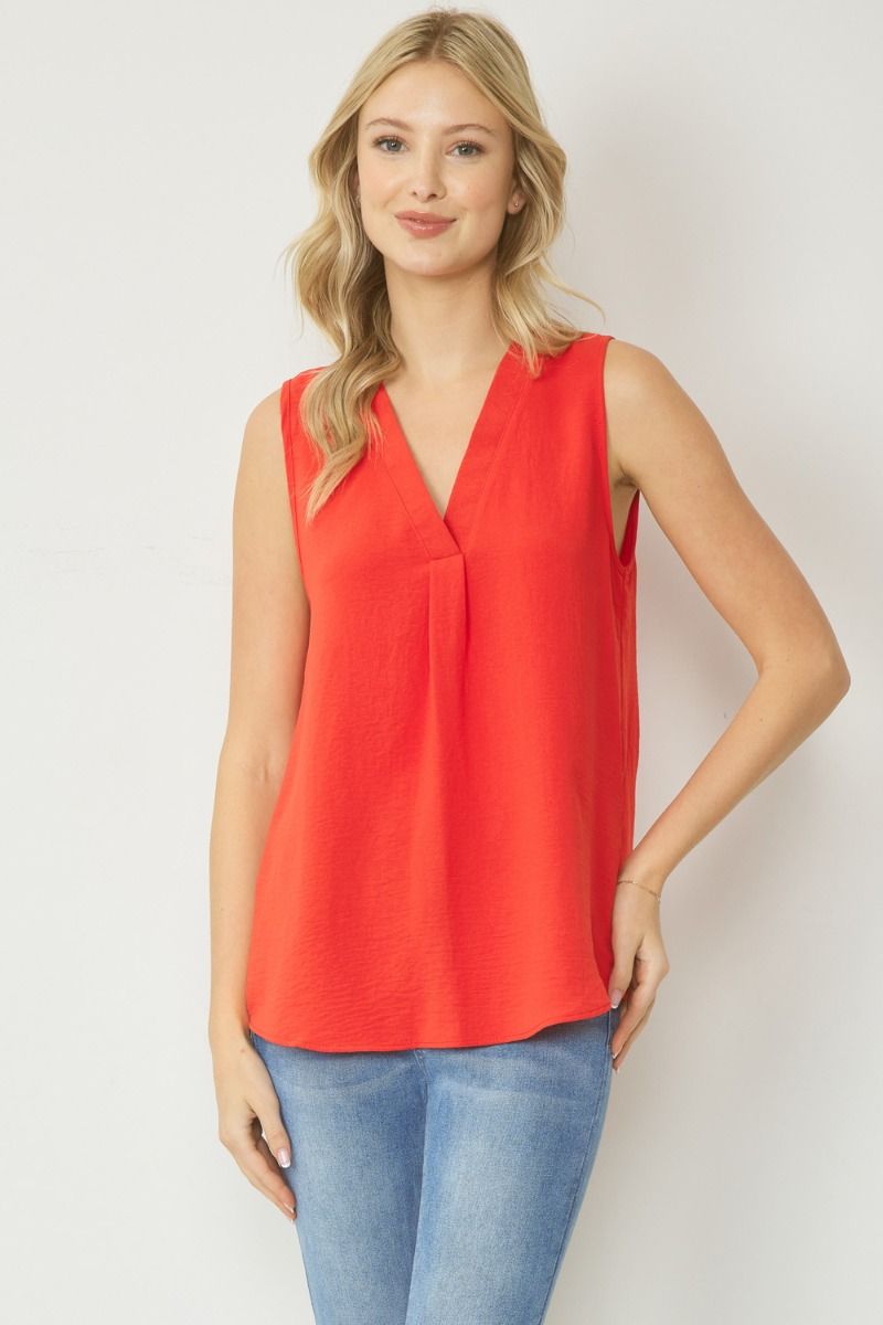 Entro- V-Neck Sleeveless Blouse- Red