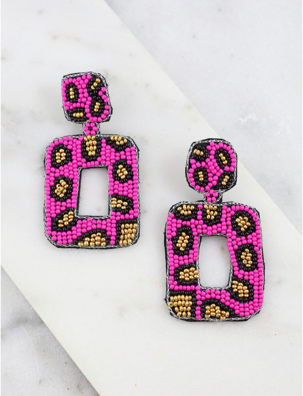 Caroline Hill Hot Pink Beaded Leopard Earrings