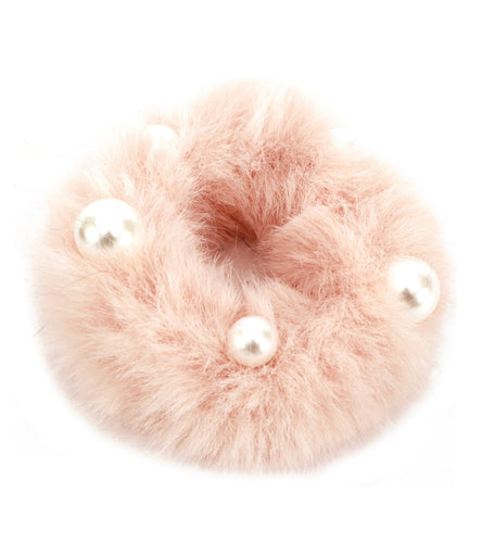 Faux Mink Pearl Ponytail Holder in Pink