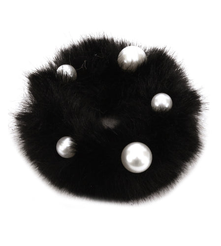 Faux Mink Pearl Ponytail Holder in Black