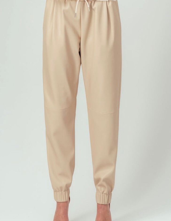 Faux Leather Beige Joggers
