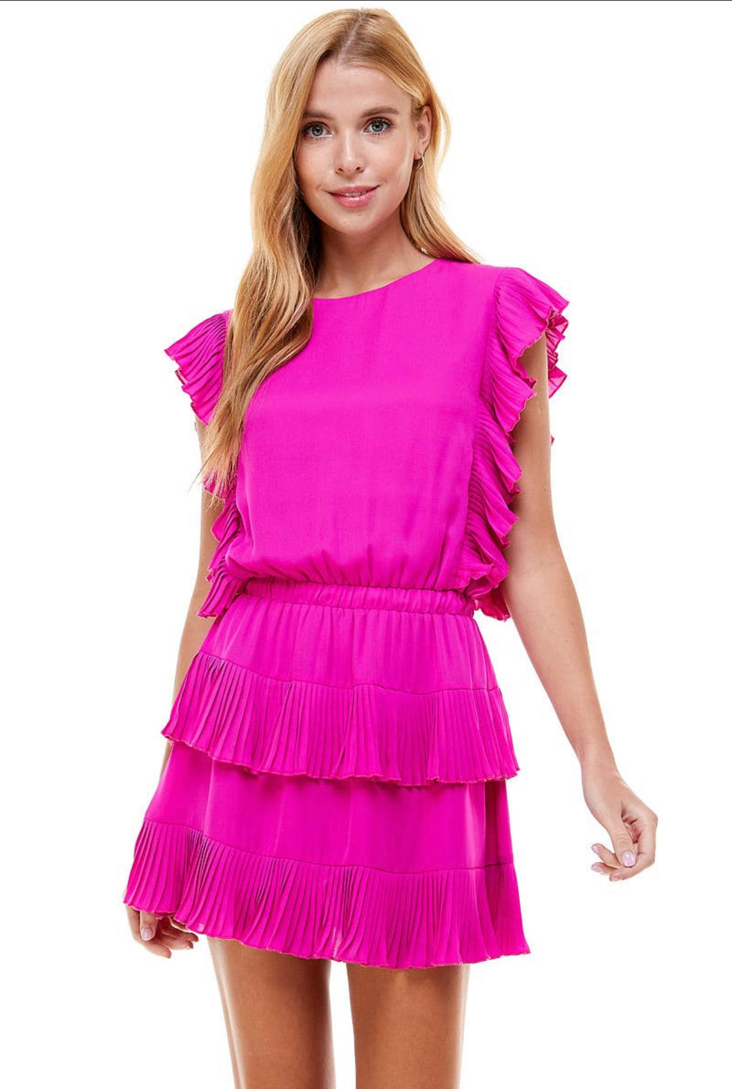 tcec pink dress Ruffle Slv Smocked Bodice Square Neck Dress