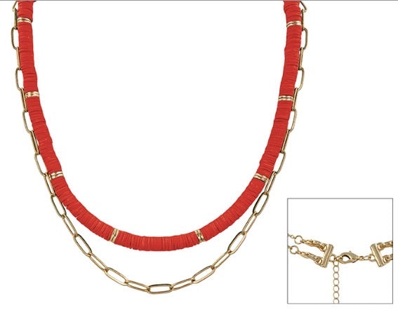 Red Disc & Gold Paperclip Chain Necklace