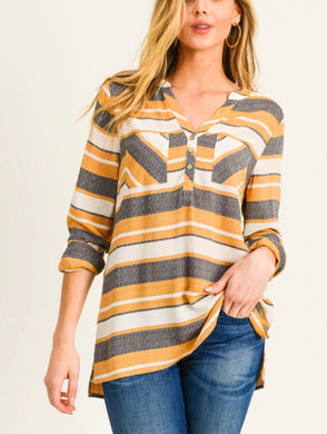 Doe & Rae Gray and Gold Striped Top