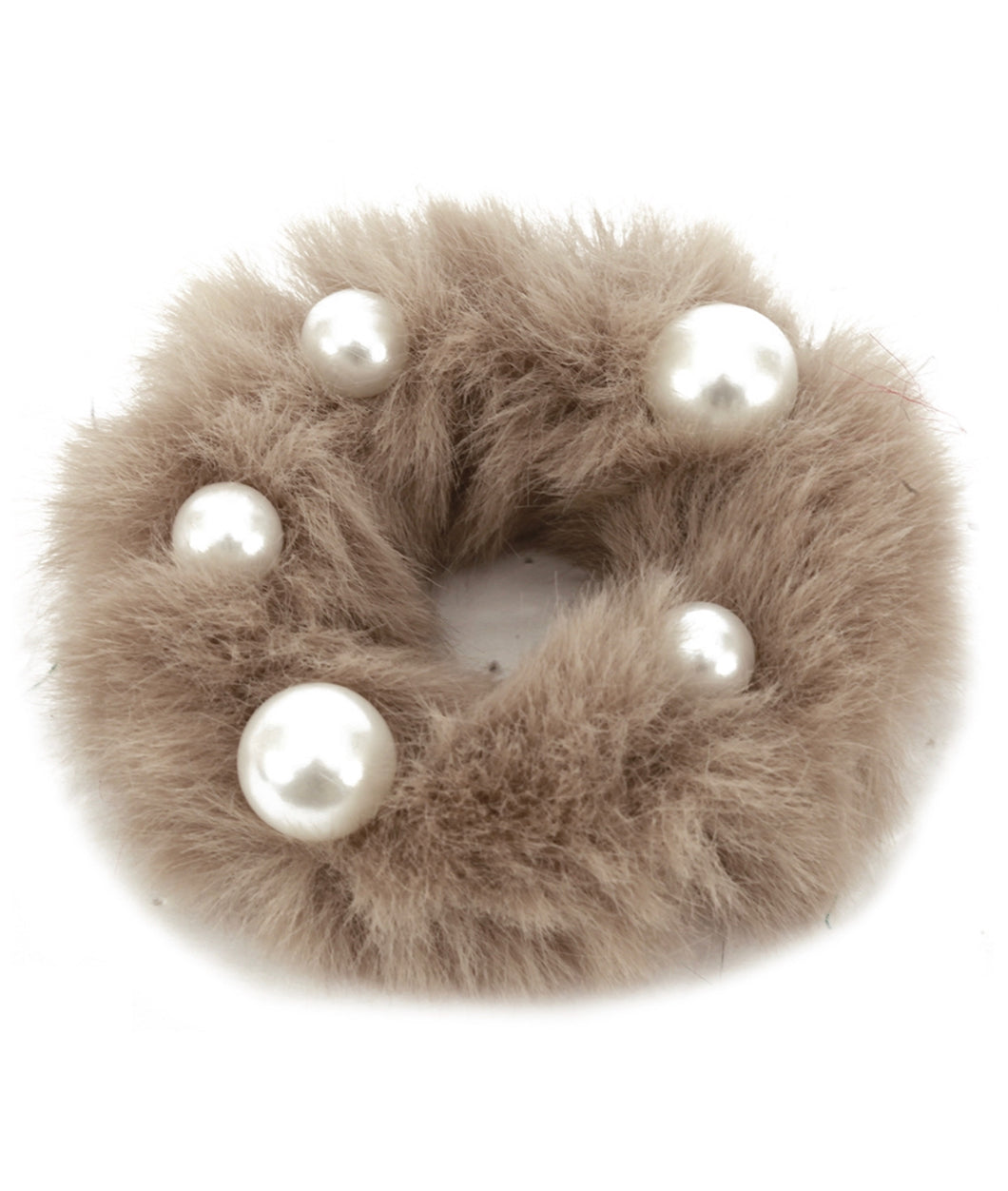 Faux Mink Pearl Ponytail Holder in Taupe