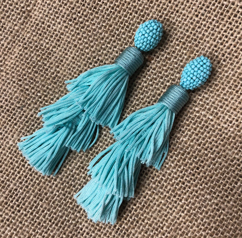 Light Blue Beaded Earrings w/Tassel