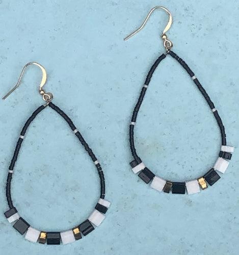 Black, Gold & White Beaded Earrings